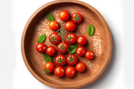 Cherry tomatoes in a wooden bowl, seen from above and set against a white backgroundの素材