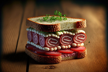 breaded salami. Slices of salami on whole grain bread in an open sandwichの素材