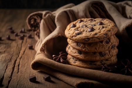 Chocolate chip cookies stacked on a brown napkin. Symbolic picture. Idea for a delectable snack. tasty dessert. timber backdrop that is rustic. selective attention. Up closeの素材