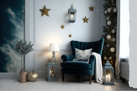 Christmas living room interior on white wall background with velvet armchair, pillow, stars, and lanternsの素材