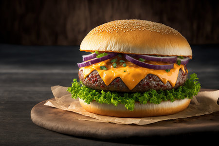 Cheddar on a gourmet beef burger. On a platter, there is a delicious cheeseburger with crunchy onionの素材