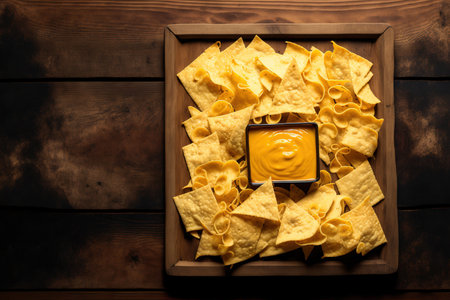 cheese sauced nacho chips from Mexico. with copy space, top view flat laid on a wooden tableの素材