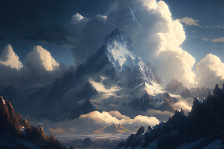 breathtaking view of the snow capped mountains against a picturesque sky of cloudsの素材