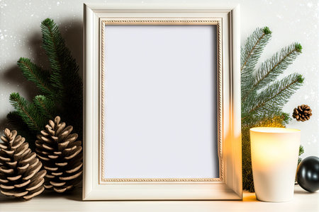 Christmas background empty wooden picture frame mock up and decoration. Winter holidays celebration concept with copy space for text. Mockupの素材