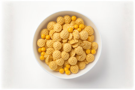 cereal with puffs of wheat, white background, top viewの素材