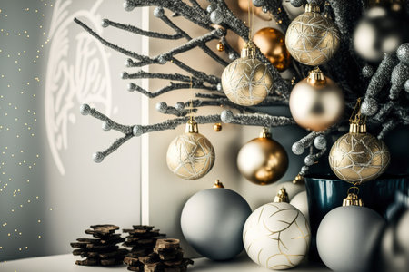 Christmas balls on tree branches decorate the elegant room designの素材