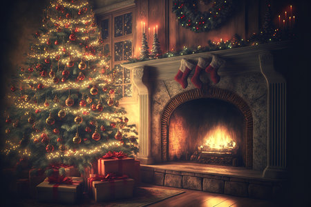 Christmas decorations inside a magical tree, a fireplace, and presentsの素材