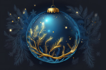 Christmas Tree In Ball Hanging Fir Branch With Golden Glittering On Blue Abstract Nightの素材