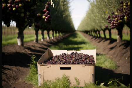 cherry picking in the orchard. boxes of recently picked cherries from Lapins. Orchard of industrial cherries. Buckets filled with luscious, uncooked black cherries. view of full boxes and lush grass uの素材