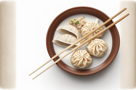 Chopsticks and Chinese dumplings isolated on a white backgroundの素材