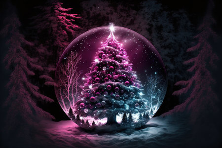 Christmas tree with lovely winter ornaments, pink ball, and white lightsの素材