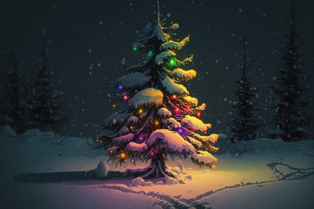 Christmas tree with multicolor lights in the snowの素材