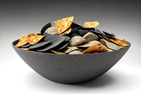 Chips for nachos in a bowl. stone that is gray in color. looking upの素材