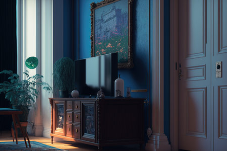 cabinets and a blue TV wall in the living areaの素材