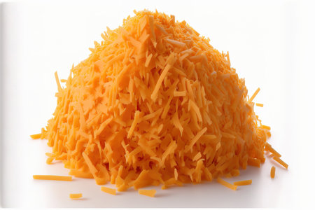 cheddar cheese grated on a white backgroundの素材