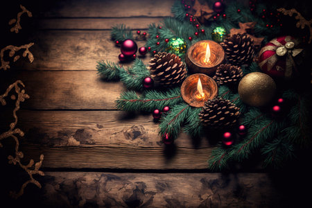 Christmas or new year background on a wooden tableの素材