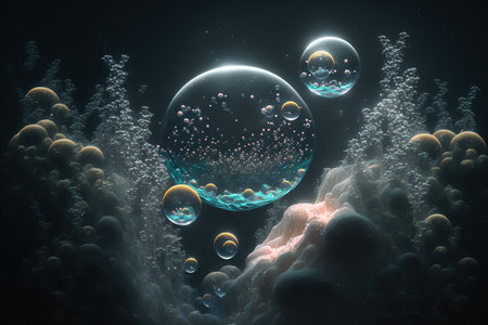 bubbles of oxygen in the water on a dark backdropの素材
