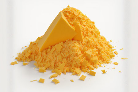 cheddar cheese grated on a white backgroundの素材