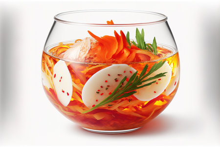 Chonggak Kimchi young radish kimchi heaped up close in a glass bowl on a white background, South Koreaの素材