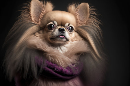 Chihuahua with stylish long hair posing with a fur collarの素材