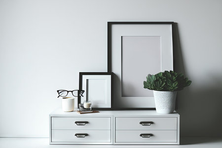 Chest drawers with blank frames, candles, magazines and eyeglasses near light wallの素材