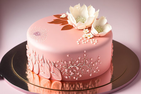 carrot cake decorated with lovely flowers, pink glaze, and edible silver. cake in pinkの素材