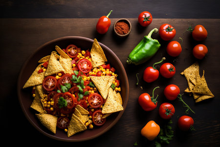 Cherry tomatoes, red pepper, and parsley are arranged beside corn chips, nachos, and chunky tomato salsa on a dark brown oak table. square picture looking upの素材