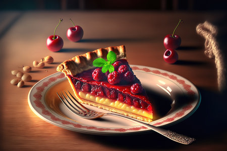 cherry pie slice on the kitchen table. Fruit tart. Tartの素材