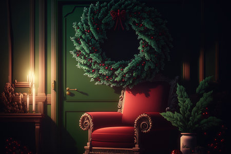 Christmas decorations, gifts, a wreath, a light, and other accessories are arranged on the red velvet seat. copy room Template in red and greenの素材