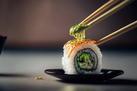 chopsticks up close putting a sushi roll portion on the table and eating it with chopsticks in a restaurantの素材