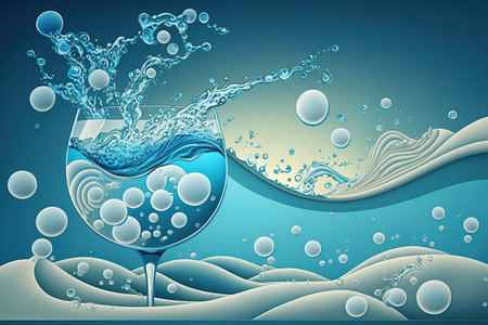 bubbles and waves in blue water leading to pure drinking waterの素材