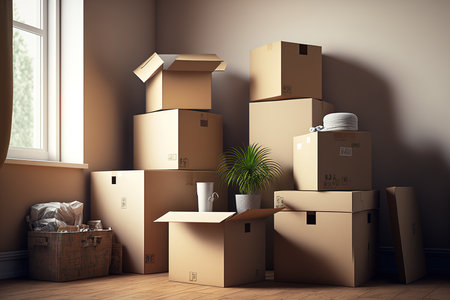 cardboard boxes containing possessions in a new apartment on moving dayの素材