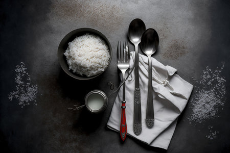boiled rice, cutlery, and napkin on a background of gray concreteの素材