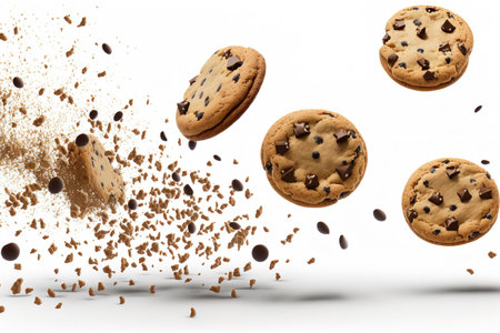 chocolate chip and drop cookies prepared from scratch. A white background is used to isolate baked flying cookies from the backgroundの素材