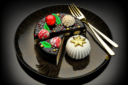 Christmas cake Three candies. Two portions on two plates. on a background of black. Holidays, birthdays, and treatsの素材