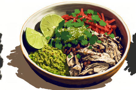 Cilantro and guacamole in a healthy homemade Mexican carnitas burrito bowlの素材