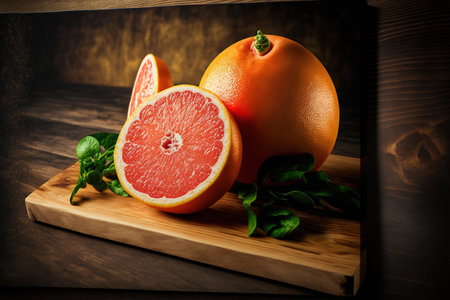 Citrus x paradisi fresh raw grapefruit on a hardwood backgroundの素材