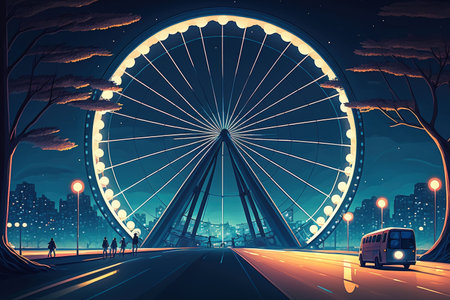 City light and observation wheel at nightの素材