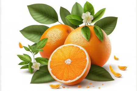 Citrus fruit in the color orange, with leaves isolated on a white backdrop. Juicy, sweet, and recognized for its high vitamin C contentの素材