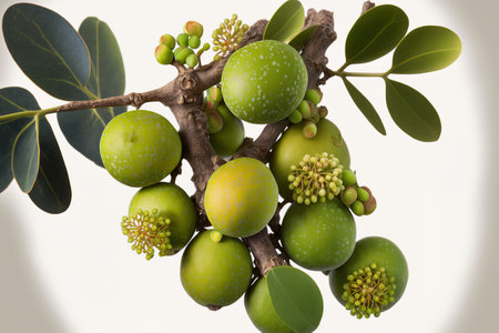 Citrus australis, sometimes known as the caviar or finger lime of Australia. mature fruit. Whole limes on a thorny branch, chopped, and somewhat vesiculated. Things against a white backdropの素材