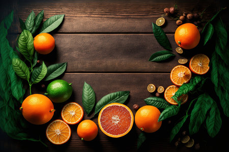 Citrus fruits such as oranges, clementines, and tangerines with green foliage on a background of wood with copy spaceの素材