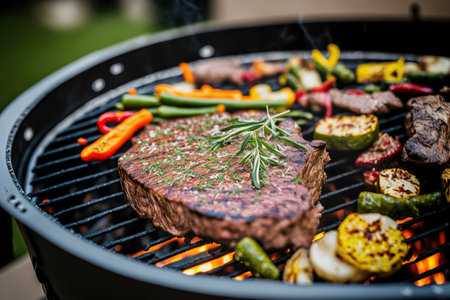 Close up of a barbecue grill in a garden with meat steaksの素材