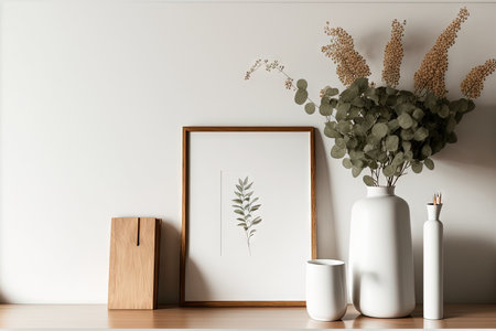 Close up of a desk with a picture frame and simple vases against a white wallの素材