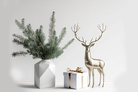 Christmas, New Year home decor. Empty white wall mock up with green fir branches in a vase, deer and gift box on a white table. Mock up for displaying worksの素材