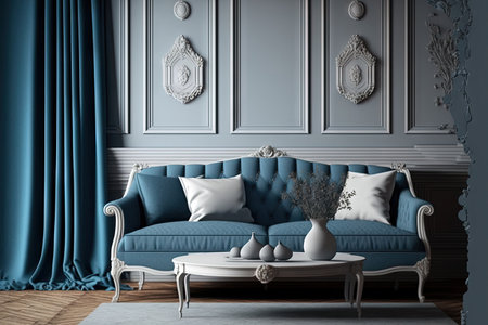 Classic vintage living room in white and blue tones. Fabric sofa, parquet and frame mockup. Farmhouse interior design, 3d illustrationの素材