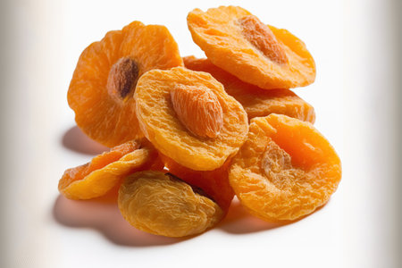 Close up of a dried apricot isolated on a white backdropの素材