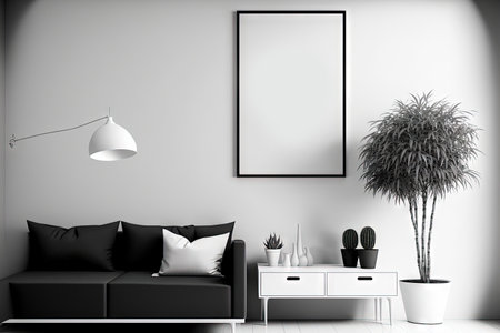 Clean black and white living room interior with furniture and empty white mock up poster. Mock up,の素材