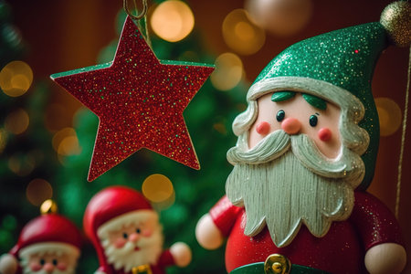 Close up shot of sparkling glossy glitter red star with cute Santa Claus decorating hanging dolls on top of green Christmas pine tree celebrating traditional festive night event on blurred backgroundの素材