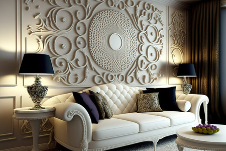 Classic living room with white sofa set and ornamental wallの素材