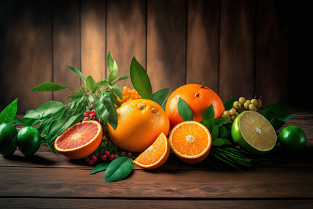 Citrus fruits such as oranges, clementines, and tangerines with green foliage on a background of wood with copy spaceの素材